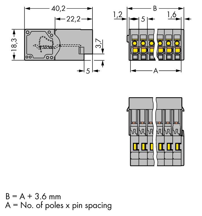 Rysunek techniczny dwóch biegunów z wymiarami w milimetrach oraz wzorem: 'B = A + 3,6 mm; A = liczba biegunów × rozstaw pinów'.