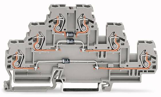 Szara listwa zaciskowa wieloprzewodowa z metalowymi połączeniami. Składa się z wielu poziomów służących do dystrybucji styków i przepływu prądu.