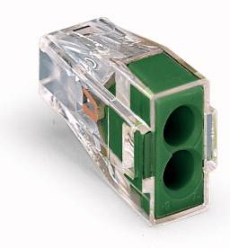 Przezroczysty, zielony złącz z dwoma otworami, idealny do podłączania przewodów elektrycznych.