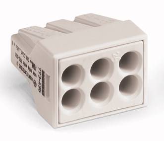 Biały elektryczny złącze z sześcioma punktami przyłączeniowymi, odpowiedni do okablowania w urządzeniach elektrycznych i instalacjach.