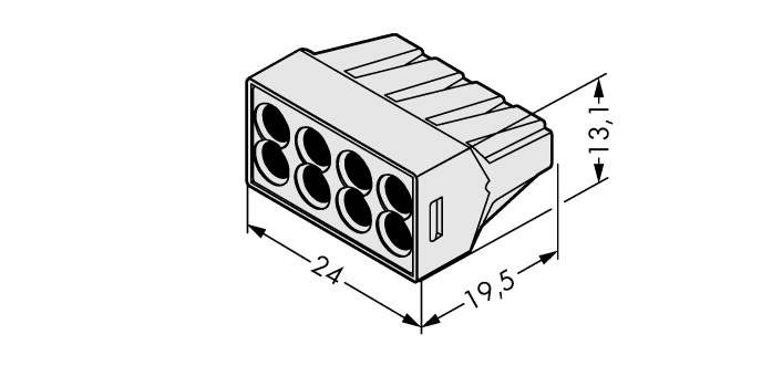 Rysunek techniczny wielobiegunowego złącza z wymiarami: szerokość 24, głębokość 19,5, wysokość 13,1. Widok strony przyłączeniowej.