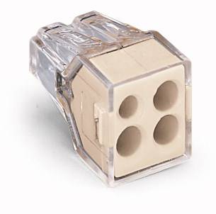 Szary, 4-biegunowy złącz kablowy z tworzywa sztucznego z przezroczystą obudową, przeznaczony do bezpiecznego łączenia przewodów.