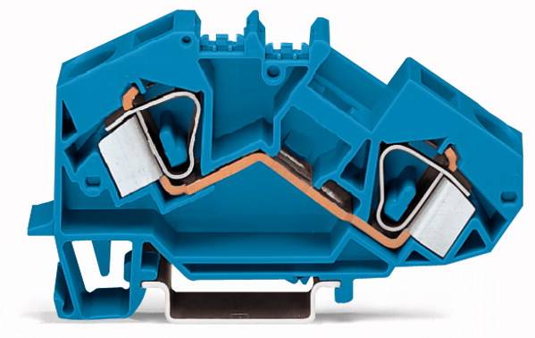 Przekrój niebieskiej zacisku, ukazujący wewnętrzne połączenia metalowe i izolację do zastosowań elektrycznych.