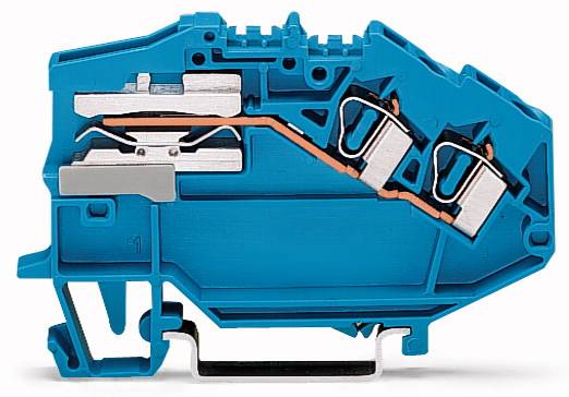 Niebieski elektryczny złącz z dwoma metalowymi stykami wewnątrz, przedstawiający przekrojowe zobrazowanie struktury wewnętrznej.