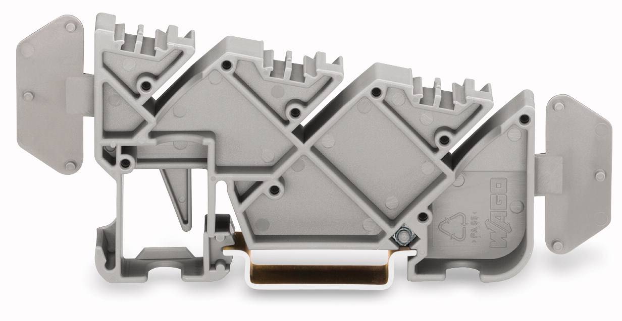 Szara złączka z wieloma punktami połączeniowymi i metalowym elementem u dołu. Odpowiednia do instalacji elektrycznych i okablowania.