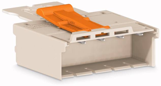 Beżowy elektryczny złącz z pomarańczowym zaciskiem prezentuje widok z przodu i wnętrza, gotowy do podłączenia przewodów.