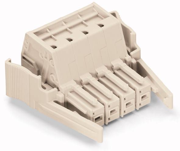 Jasnbeżowy, wielobiegunowy złącz z czterema gniazdami. Nadaje się do elektrycznego połączenia kilku przewodów.