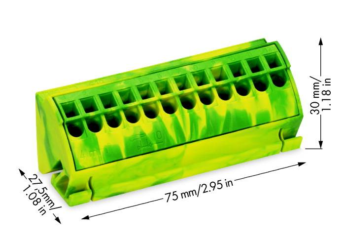 Zielona elektryczna listwa zaciskowa z 12 zaciskami. Wymiary: 75 mm długości, 30 mm wysokości, 27,5 mm szerokości.