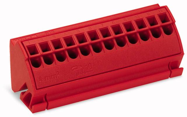 Czerwona elektryczna listwa zaciskowa z wieloma otworami do mocowania przewodów.