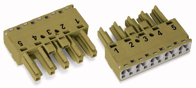 Dwa beżowe złącza z ponumerowanymi stykami od 1 do 5 oraz od 1 do 6, ułożonymi w dwóch rzędach, przeznaczone do połączeń elektrycznych.