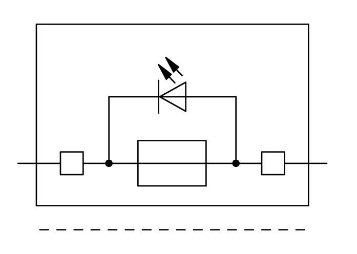 Obraz przedstawia schemat elektroniczny z symbolem trójkąta wskazującym na diodę, połączony między dwoma prostokątami.