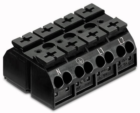 Czarny blok łączeniowy z przyłączami, oznaczony symbolami 'N', uziemienia, 'L1' i 'L2'. Odpowiedni do instalacji elektrycznych.