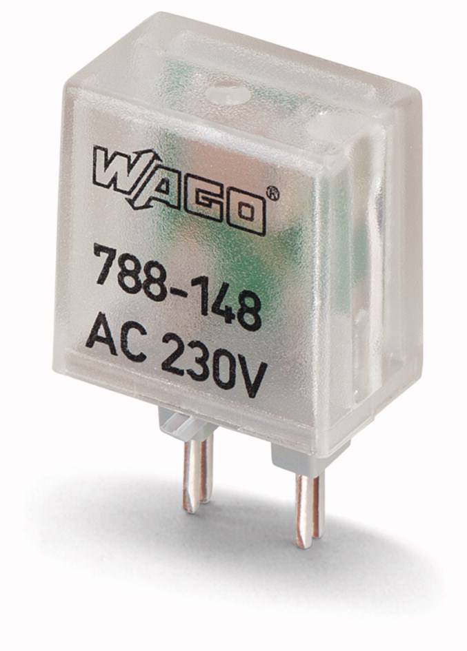 Przezroczyste przekaźnik WAGO z napisem '788-148 AC 230V', pokazujący dwa styki wtykowe u dołu obudowy.