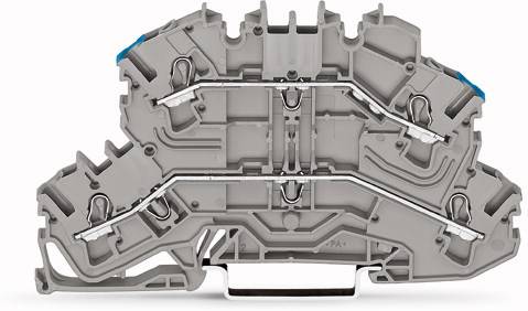Szary elektryczny element łączący, symetrycznie zaprojektowany, z widocznymi stykami metalowymi i niebieskimi końcówkami u góry.