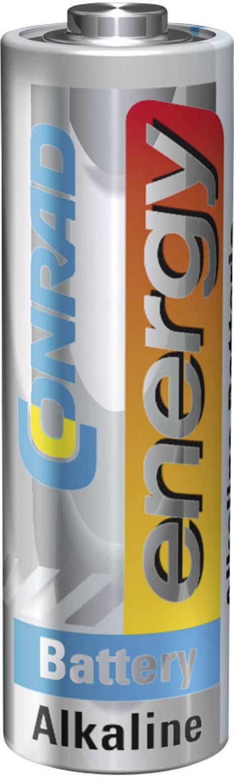 Rysunek przedstawia srebrną baterię alkaliczną marki Conrad Energy.