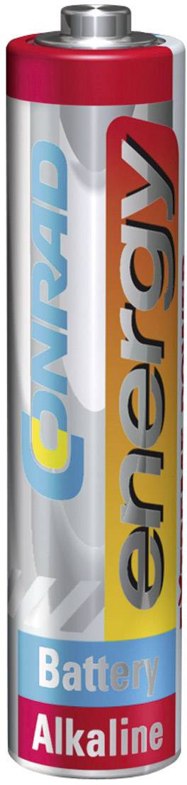 Bateria marki Conrad z napisem 'energy', odpowiednia do użycia w urządzeniach elektrycznych. Zawiera oznaczenie 'Battery Alkaline'.