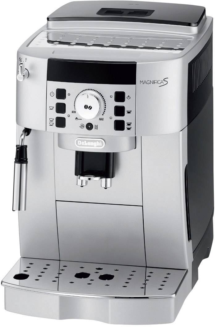Srebrny ekspres do kawy z wyświetlaczem cyfrowym i wieloma przyciskami sterującymi, odpowiedni do przygotowywania espresso.