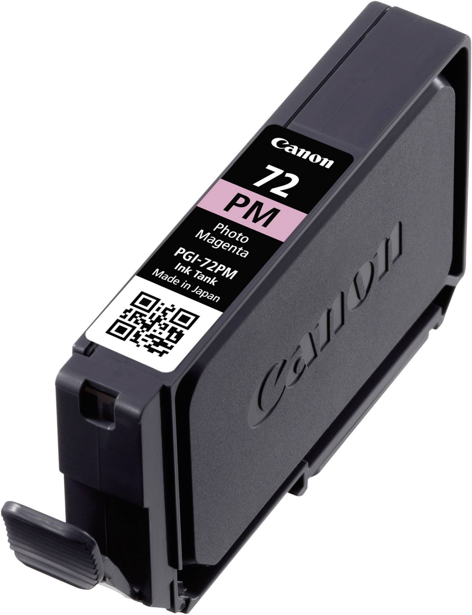 Patrona Canon, model 72 PM, w kolorze Photo Magenta. Na patronie znajduje się kod QR oraz informacja 'Made in Japan'.