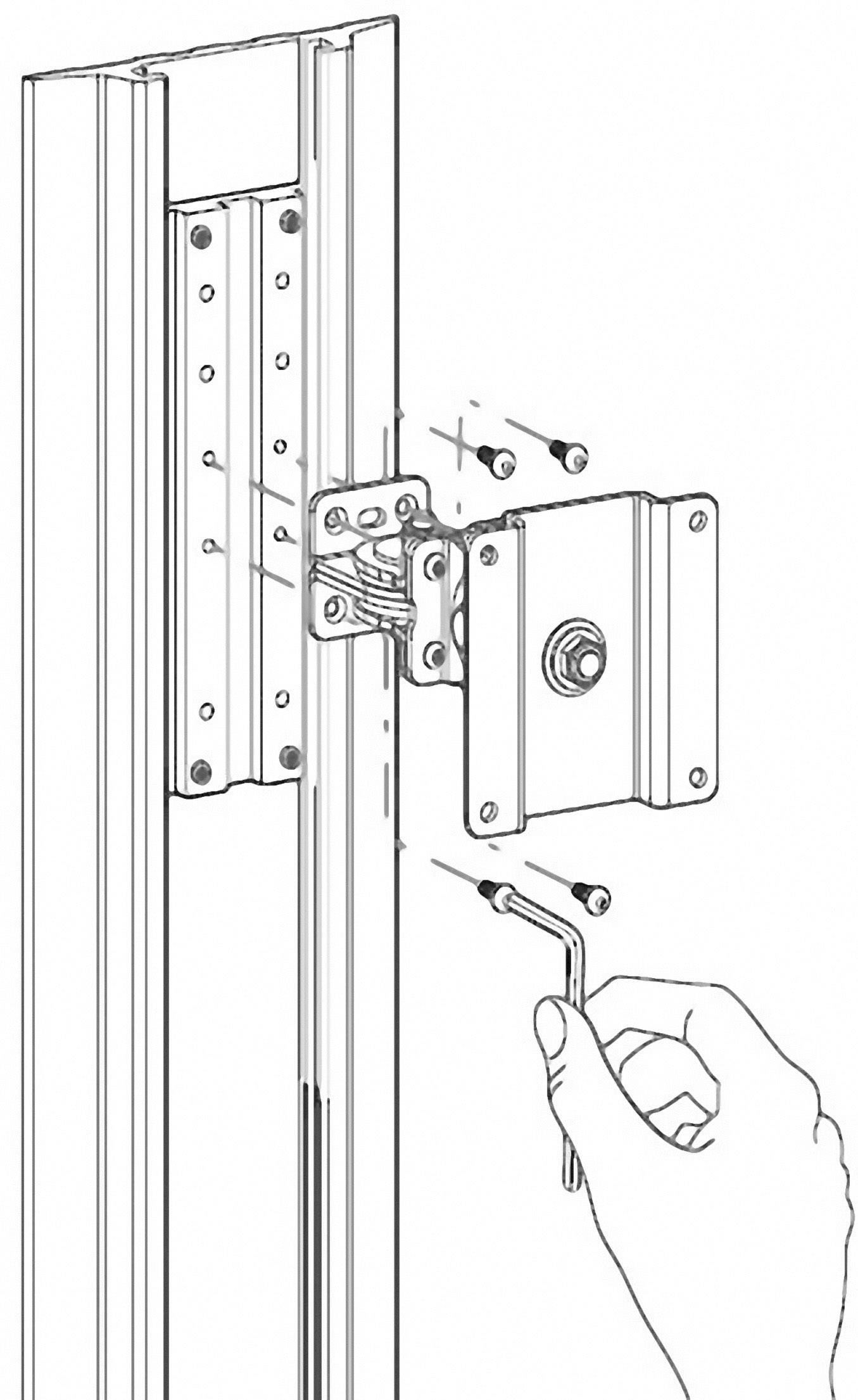 Rysunek przedstawia rękę, która za pomocą klucza imbusowego mocuje metalową płytkę do pionowego systemu prowadnic. Śruby są w odpowiednim położeniu.