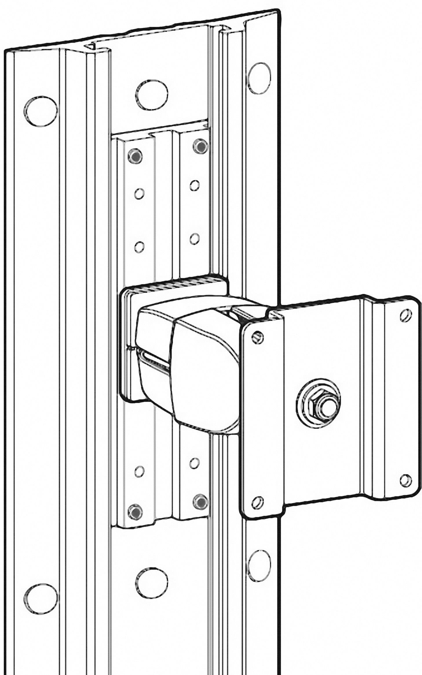 Rysunek techniczny mechanizmu drzwi przesuwnych z płytą montażową, szyną i mechanizmem przesuwnym, typowy dla mebli.