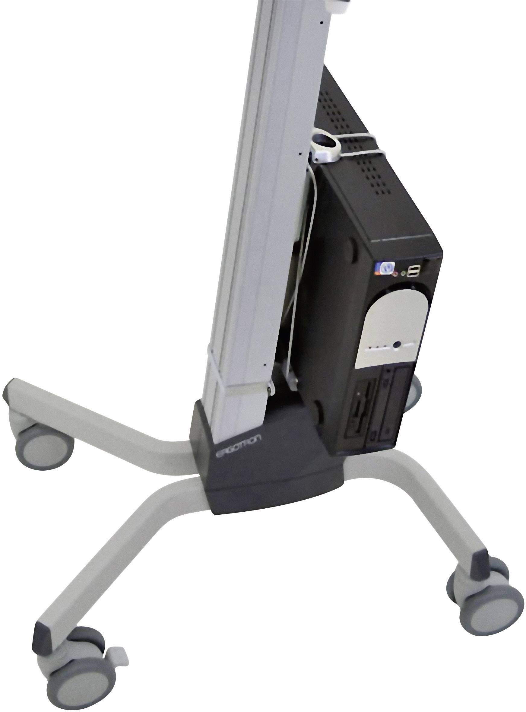 Solidny stelaż z zamontowaną obudową komputera. Odpowiedni do prezentacji mobilnych lub wyposażenia biura. Wyposażony w kółka dla łatwego transportu.