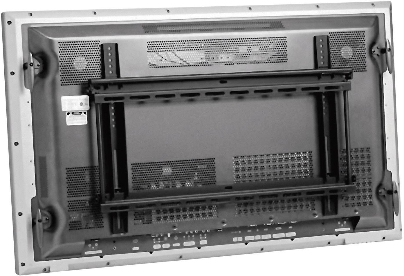 Tylna strona dużego ekranu elektronicznego z otworami wentylacyjnymi i ramką do montażu ściennego, bez widocznych oznaczeń marki.