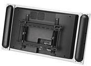 Widok z tyłu prostokątnego urządzenia elektronicznego w kolorze srebrnym i czarnym, z mocowaniem ściennym i kratką wentylacyjną.