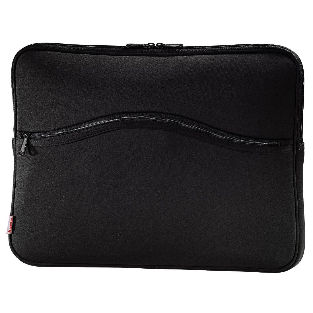 Czarna torba na laptopa z zamkiem błyskawicznym na górze i kieszenią w kształcie fali z przodu. Minimalistyczny design, wytrzymały materiał.