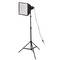 Światło studyjne na statywie z prostokątnym softboxem i przewodem sieciowym, gotowe do naświetlenia podczas sesji foto lub wideo.