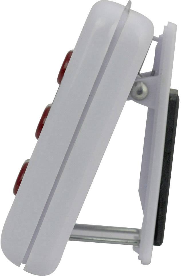 Widok z boku białego przycisku plastikowego z czerwonymi guzikami, zamocowanego na uchwycie, ukazujący jego nachylenie i mocowanie.