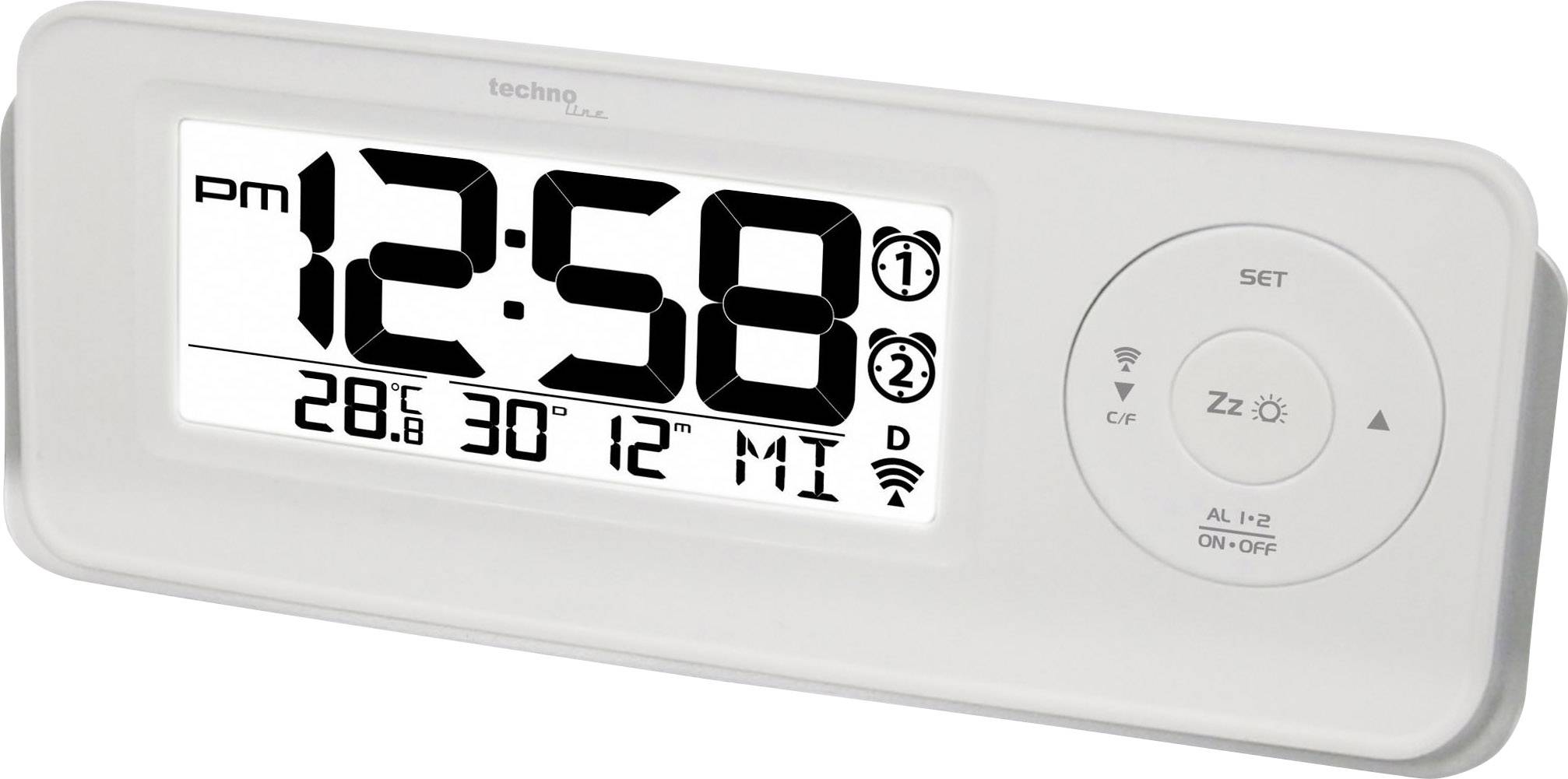 Cyfrowy zegar z wyświetlaczem LED pokazuje godzinę 12:58 PM, temperaturę 28,6°C, dzień miesiąca 12 oraz godzinę budzika.