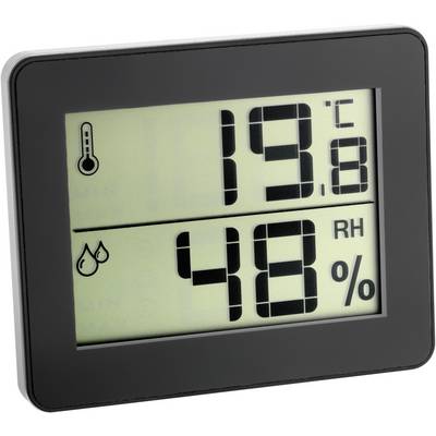 Cyfrowy termohigrometr wyświetla temperaturę '19,8 °C' i wilgotność powietrza '48 % RH'. Prostokątny wyświetlacz z symbolami.
