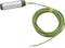 Zielona, podłużna opaska antystatyczna z przewodem. Opaska posiada perforowaną, cylindryczną osłonę i jest przeznaczona do odprowadzania ładunków elektrostatycznych.