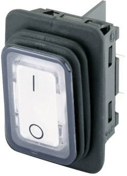 "Biały przełącznik kołyskowy z czarną ramką, ustawiony w pozycji "Wyłączony". Cztery styki przyłączeniowe z boku."