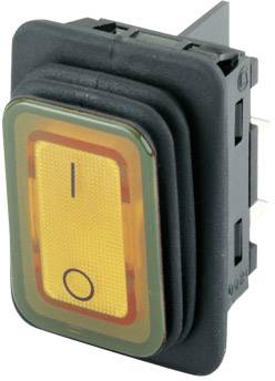 Przełącznik z żółtym prostokątem i symbolami 'I' oraz 'O', wskazujący pozycje włączenia i wyłączenia.