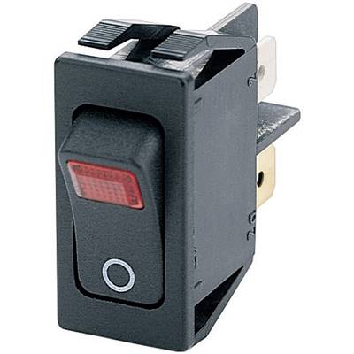 Czarny przełącznik kołyskowy z czerwonym wskaźnikiem pośrodku i kilkoma stykami wtyczkowymi z tyłu. Odpowiedni do urządzeń elektrycznych.
