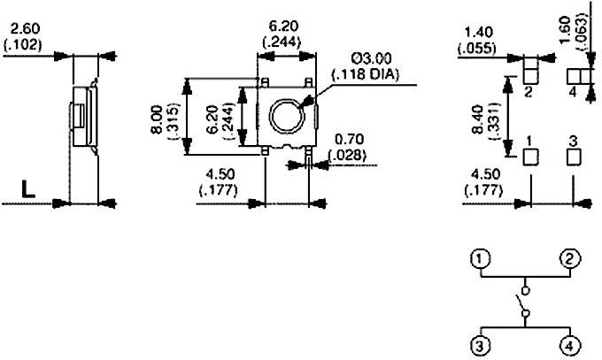 Rysunek techniczny przełącznika elektrycznego z wymiarami: 8,00 x 8,40 mm. Schemat podłączeń w prawym dolnym rogu przedstawia połączenia styków.