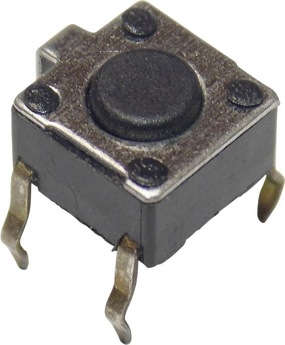 Mały, kwadratowy przycisk z czterema metalowymi nóżkami, typowo montowany na płytkach drukowanych w układach elektronicznych.