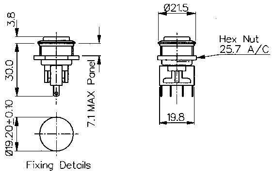 Rysunek techniczny przełącznika z wymiarami: wysokość całkowita 30 mm, średnica 21,5 mm, wymiar gwintu 25,7 mm. Szczegóły mocowania poniżej.
