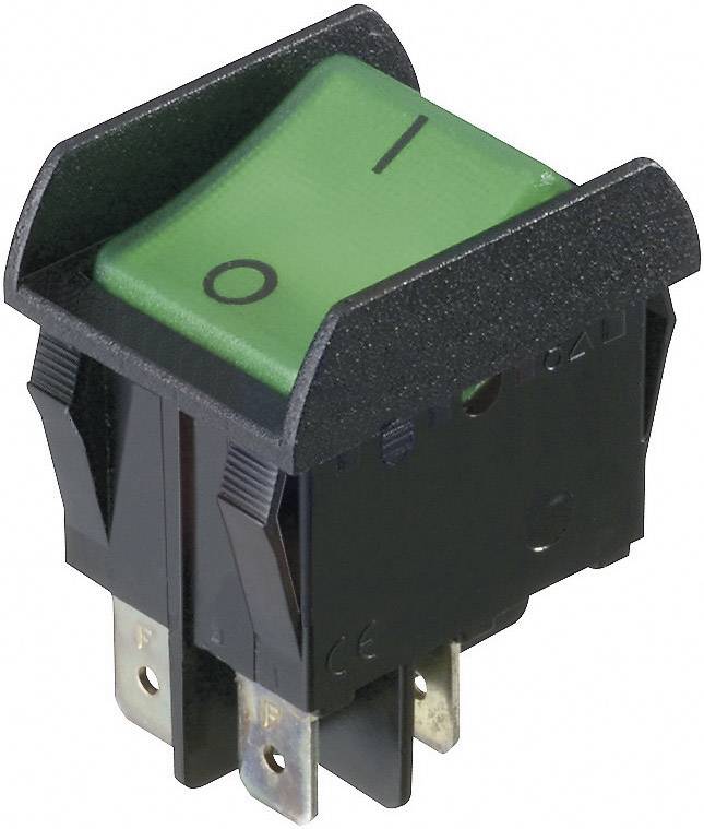 Zielony przełącznik kołyskowy z symbolami 'I' (włączony) i 'O' (wyłączony), zamontowany w czarnej obudowie.