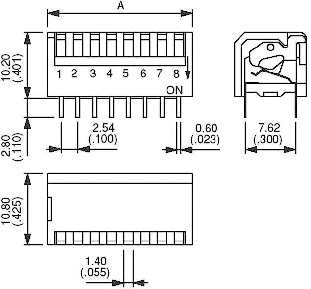 Rysunek techniczny elementu elektronicznego z wymiarami w milimetrach i calach. Widok od góry, widok z boku, widok z przodu.