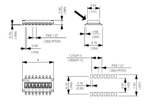 Rysunek techniczny elementu elektronicznego z wymiarami w milimetrach i calach. Zaznaczone różne widoki i pomiary.