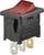 Czerwony przełącznik kołyskowy w czarnej obudowie z trzema metalowymi złączami, przeznaczony do zastosowań elektrycznych przy napięciu 12V DC.