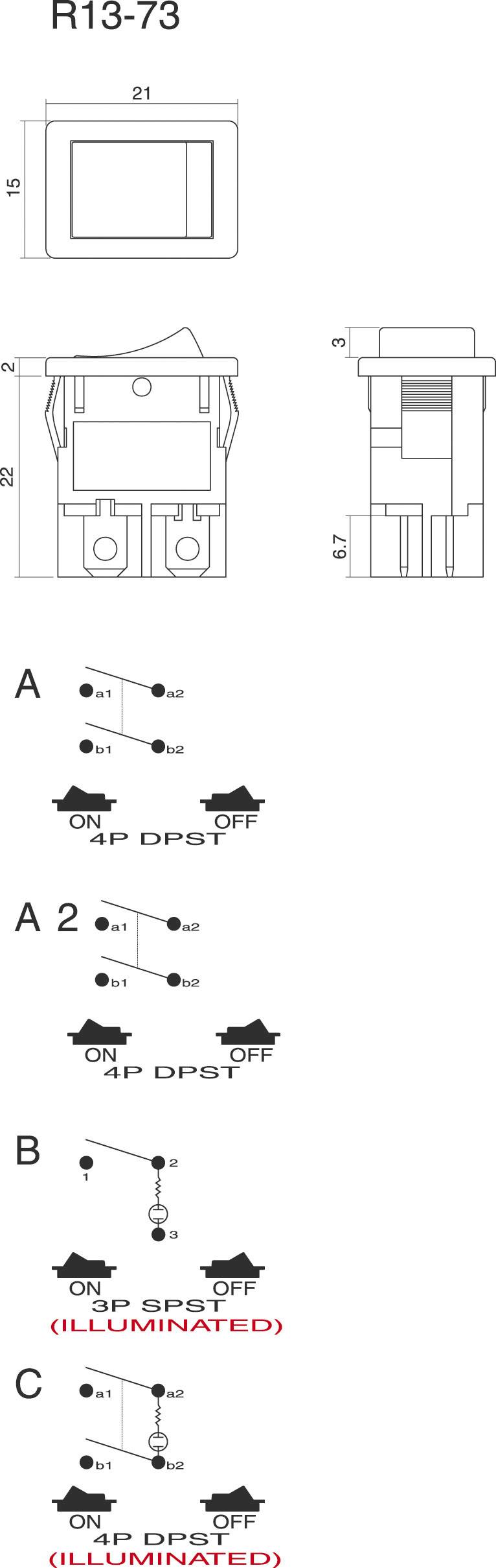 Diagram przełącznika kołyskowego R13-73 z wymiarami technicznymi i schematami przyłączeniowymi typów A, A2, B, C. Typy B i C są podświetlane.