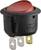 Czerwony, okrągły przełącznik kołyskowy w czarnej obudowie, z trzema stykami metalowymi od spodu. Odpowiedni do urządzeń elektrycznych.