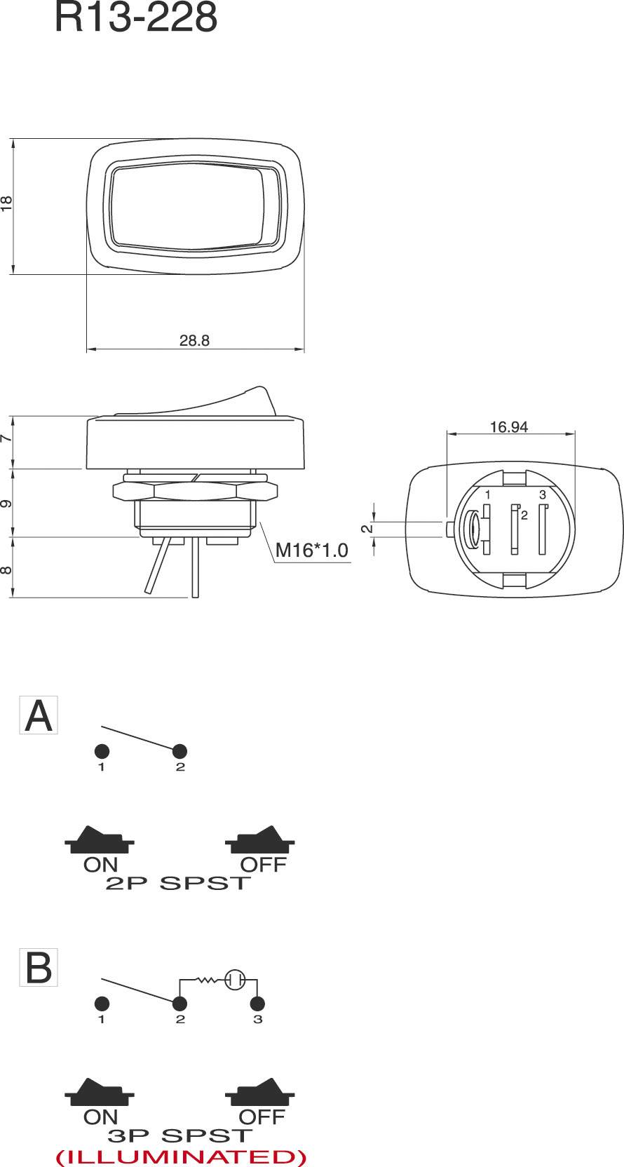 Diagram przełącznika prostokątnego R13-228. Na górze pokazane są wymiary. Na dole schematy podłączenia: '2P SPST' (A) i '3P SPST (podświetlany)' (B).
