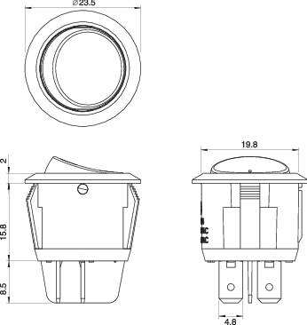 Rysunek techniczny okrągłego przełącznika ze wskazaniem wymiarów: średnica 23,5 mm, wysokość 15,8 mm, szerokość 19,8 mm, głębokość 4,8 mm.
