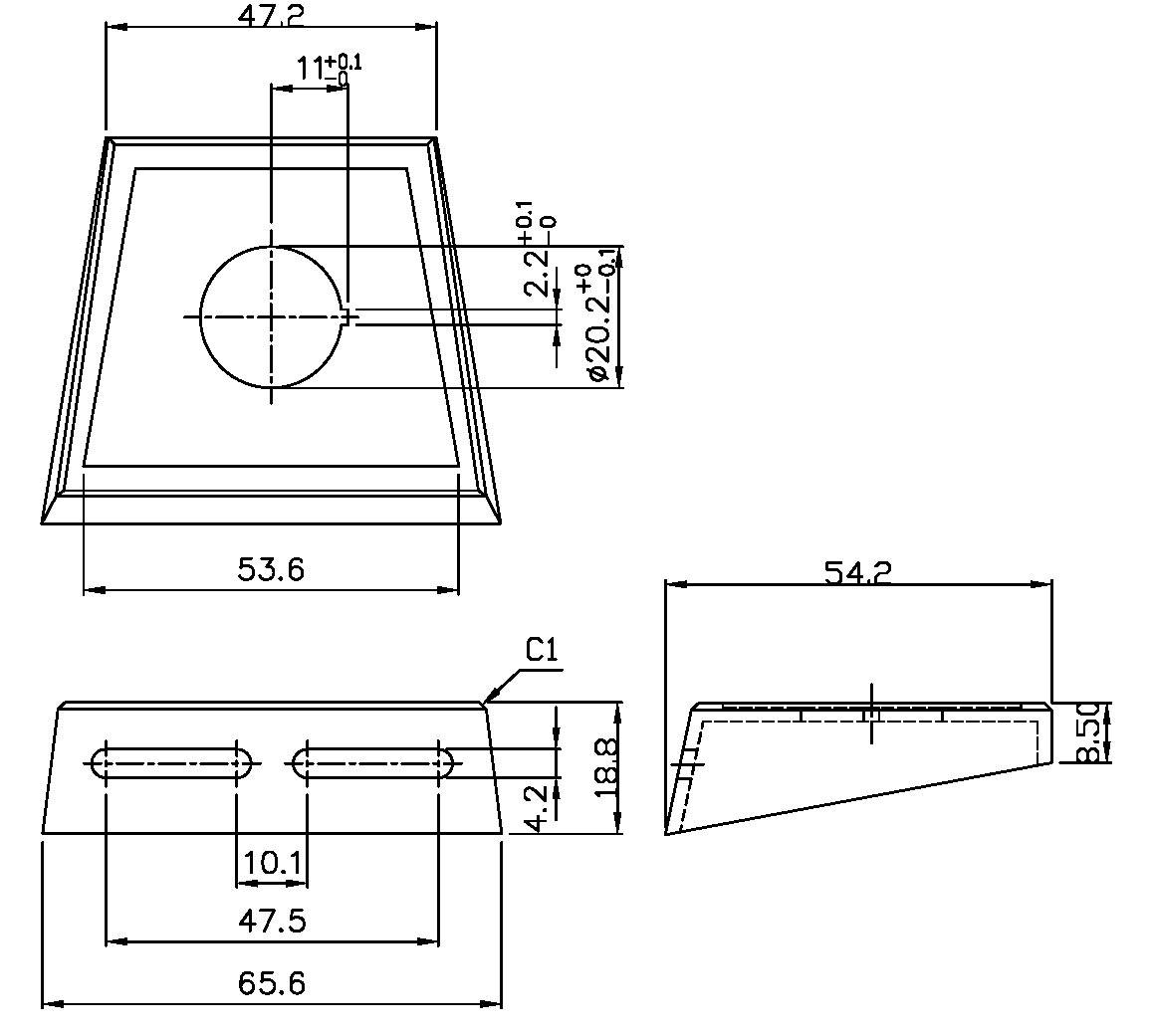 Rysunek techniczny części z wieloma wymiarami w milimetrach. Widok z góry i widok z boku przedstawiają pozycje otworów i kąty.