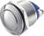 Okrągły, srebrny metalowy guzik z niebieską podstawą i gwintem, odpowiedni do mechanicznych zastosowań przełącznikowych.