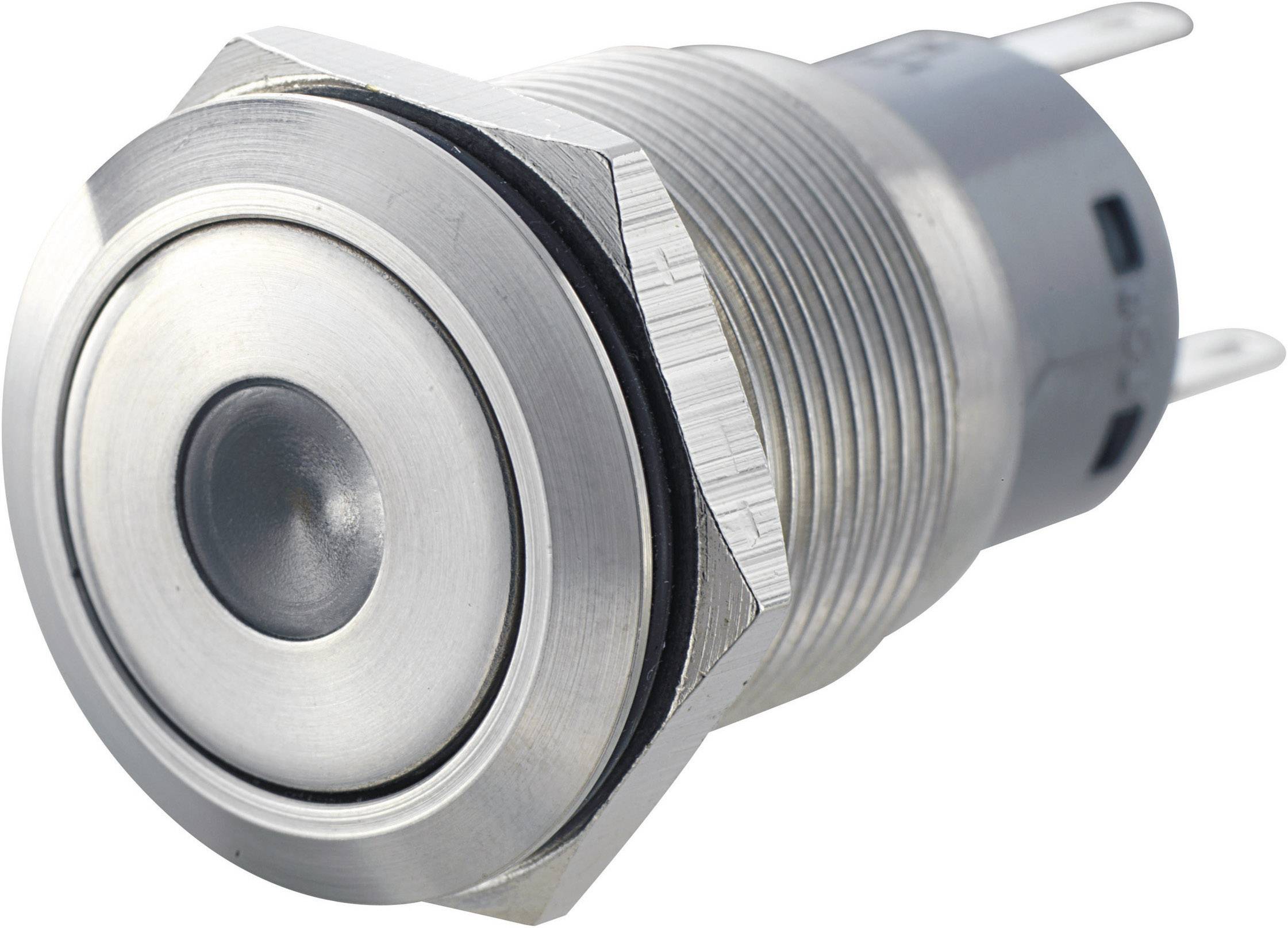 Srebrny, okrągły metalowy przełącznik z przyciskiem, odpowiedni do montażu w urządzeniach elektrycznych. Wytrzymały i przeznaczony do zastosowań przemysłowych.